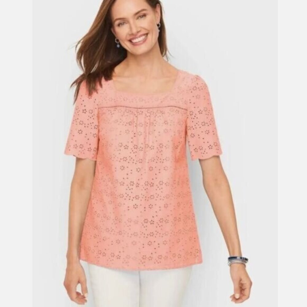 Talbots Peach Eyelet Square-Neck Short-Sleeve Blouse
